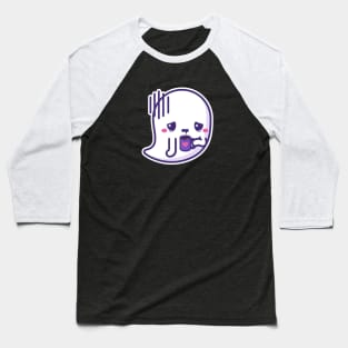 Tired kawaii ghost with coffee cup - white outline Baseball T-Shirt